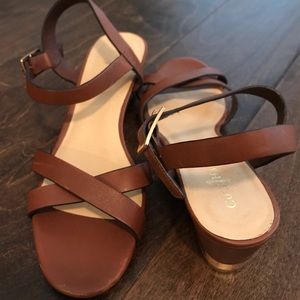 Cole Haan Sandals. Brown Leather with Gold Accents